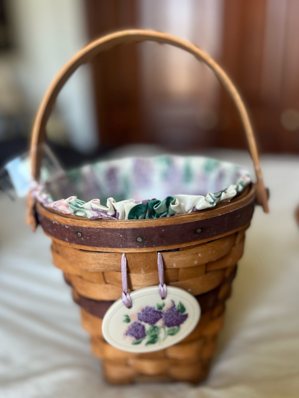 Longaberger Brown Wood Basket with Floral Liner and Lavender Medallion
